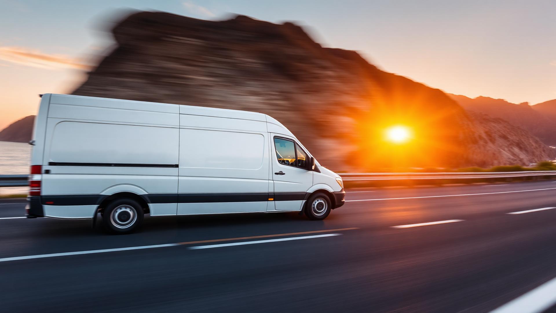 White delivery van driving on a coastal highway at golden hour